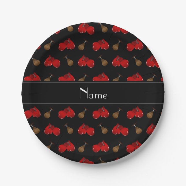 Assiettes En Carton Nom personnalisé motif de boxe noire (Devant)