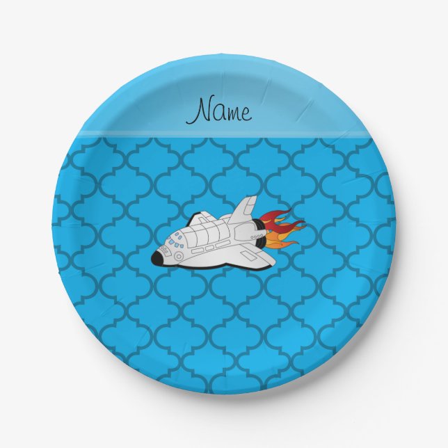 Assiettes En Carton Nom personnalisé navette spatiale bleu marocain (Devant)