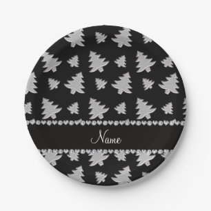 Assiettes En Carton Nom personnalisé noir argent de noël arbres