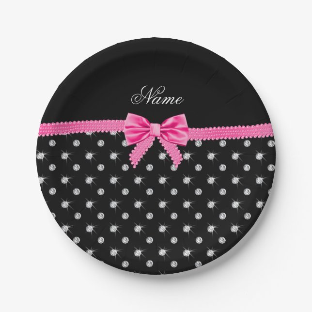 Assiettes En Carton Nom personnalisé noir diamants rose arc (Devant)
