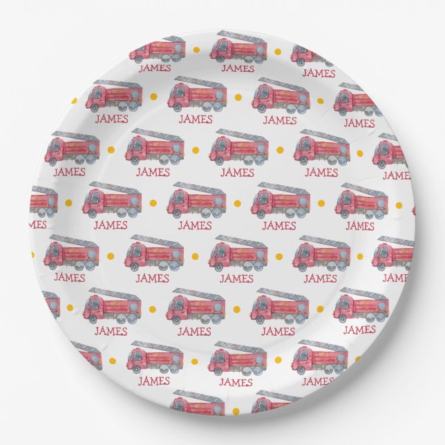 Assiettes En Carton Nom personnalisé Red Fire truck Party (Devant)