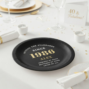 Assiettes En Carton Nom pour 40e anniversaire 1986 Noir Or Élégant Chi