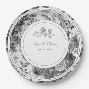 Assiettes En Carton Nom vintage du Mariage floral et date classique