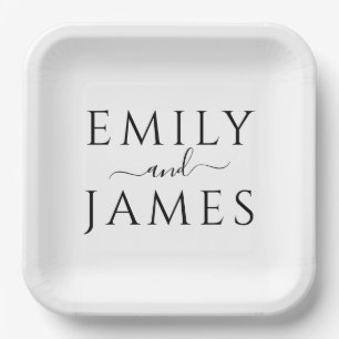 Assiettes En Carton Noms de couple minimalistes Mariage noir et blanc