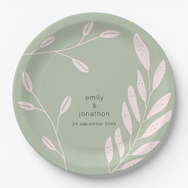 Assiettes En Carton Noms de Feuilles roses simples Date Sage Mariage v (Devant)