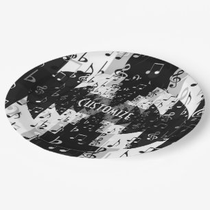 Assiettes En Carton Notes de musique Echo noir et blanc