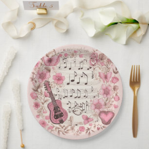 Assiettes En Carton Notes de musique et fleurs élégantes