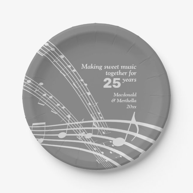 Assiettes En Carton NOTES DE MUSIQUE Personnalisée Moderne 25e anniver (Devant)
