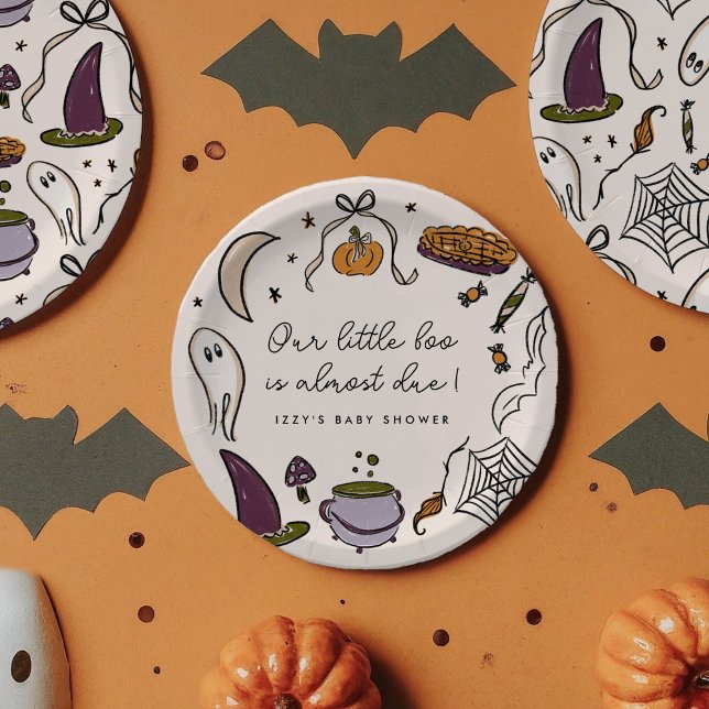 Assiettes En Carton Notre petit Baby shower d'Halloween presque dû (Our Little Boo is Almost Due Halloween Illustrations Baby Shower Personalized Paper Plates)