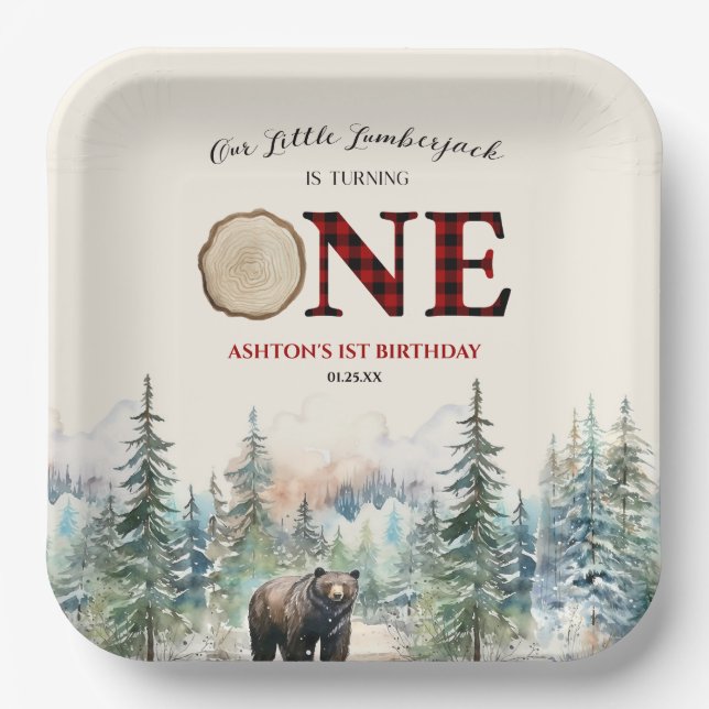 Assiettes En Carton Notre petit bûcheron Ours rouge 1er anniversaire (Recto)