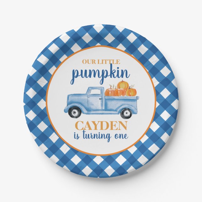 Assiettes En Carton Notre petit camion bleu Citrouille plaid 1er anniv (Devant)