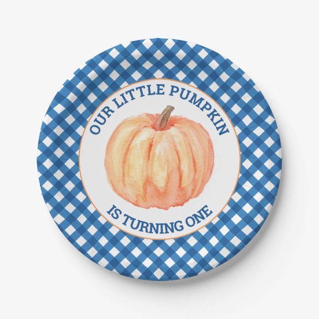 Assiettes En Carton Notre petit Citrouille bleu plaid premier annivers (Devant)