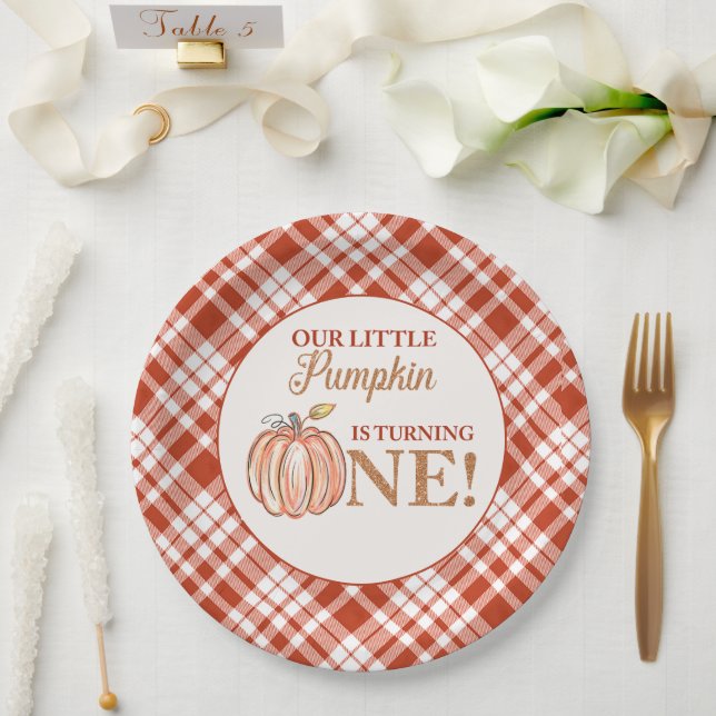 Assiettes En Carton Notre Petit Citrouille rouge floral plaid 1er anni (Mariage)