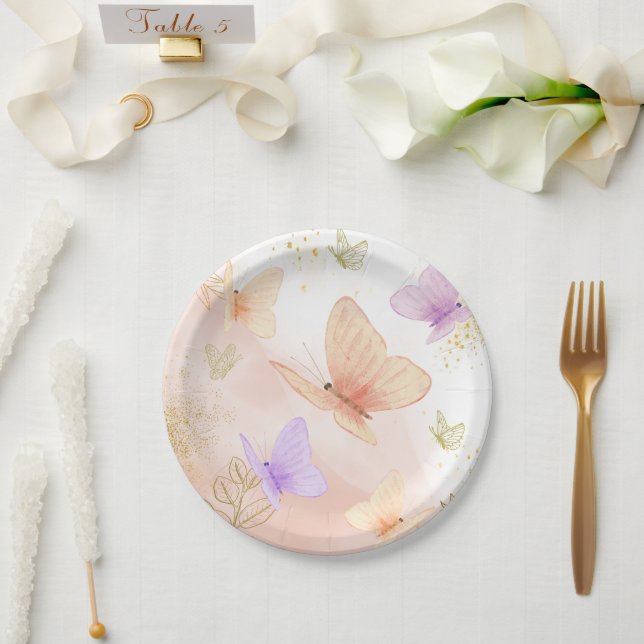 Assiettes En Carton Notre Petite Aquarelle Papillon Pink Purple Gold (Mariage)