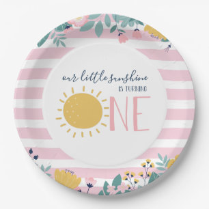 Assiettes En Carton Notre petite Floral Sunshine, rayures roses Annive
