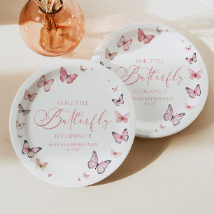 Assiettes En Carton Notre Petite Papillon Fête d'Anniversaire Rose Pâl