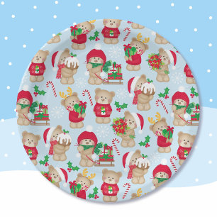 Assiettes En Carton Nounours de Noël en rouge et vert
