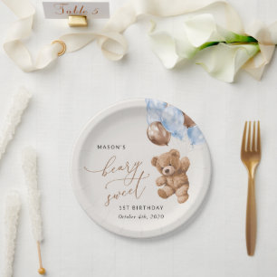 Assiettes En Carton Nounours en peluche, Ballons bleus, Premier annive