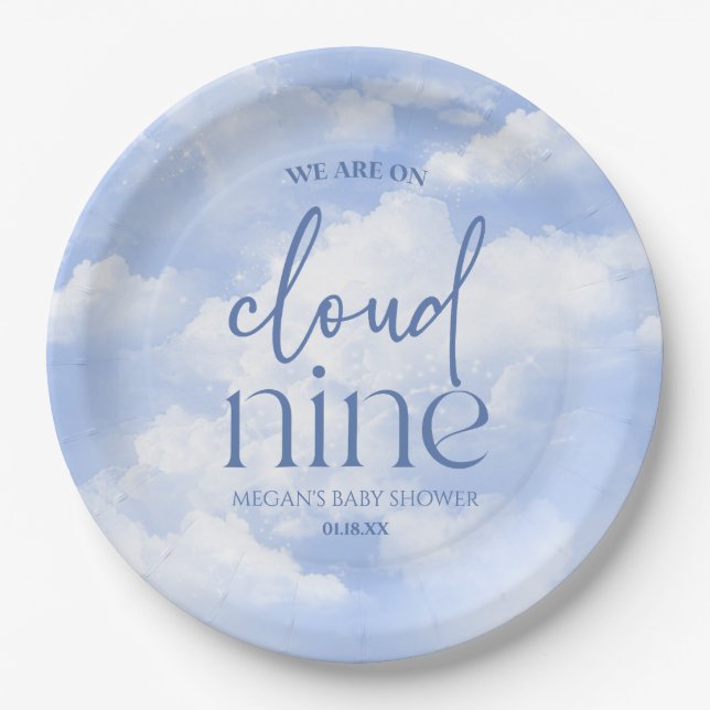 Assiettes En Carton Nous Sommes Sur Cloud Neuf Baby shower Bleu (Devant)