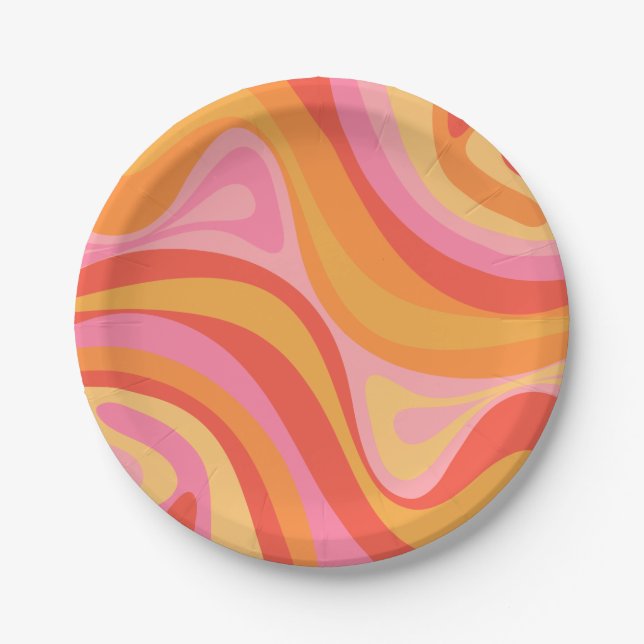 Assiettes En Carton Nouveau Groove Retro Abstrait Motif rose et orange (Devant)