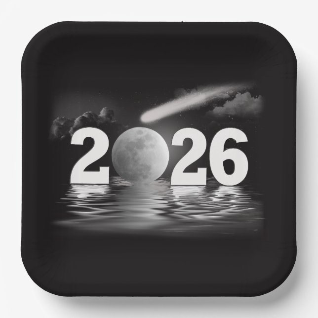 Assiettes En Carton Nouvel An 2026 Lune avec comète (Recto)