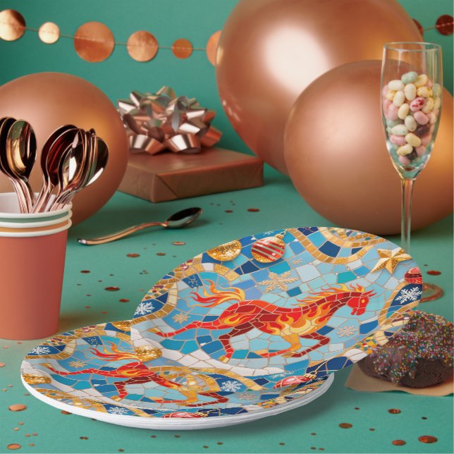 Assiettes En Carton Nouvel An 2026 Motif de Noël du Cheval Rouge Fiery (Multi)