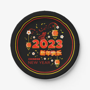 Assiettes En Carton Nouvel An chinois 2023 Lapin Rouge Or Noir 7"