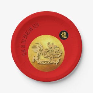 Assiettes En Carton Nouvel An chinois Dragon rouge d'or 2024 PP