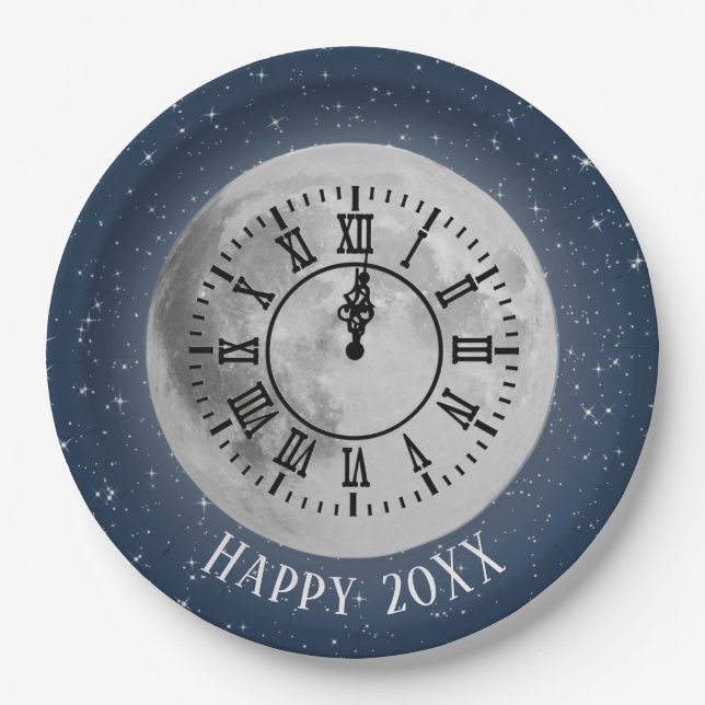 Assiettes En Carton Nouvel An Horloge De Minuit Sur La Lune (Devant)