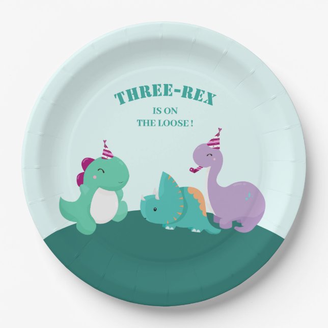 Assiettes En Carton Nouvel anniversaire des trois dinosaures (Devant)