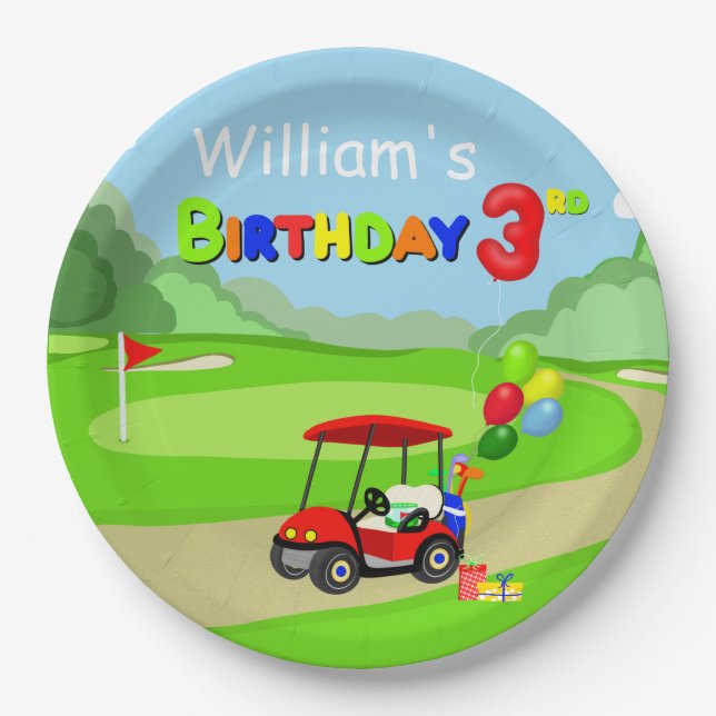 Assiettes En Carton Nouvel anniversaire Red Golf Cart Boy's (Devant)