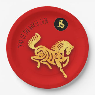 Assiettes En Carton Nouvelle année chinoise Cheval Rouge Or 2026 PP