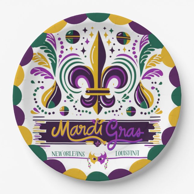 Assiettes En Carton Nouvelle-Orléans Mardi Gras jaune violet vert (Devant)