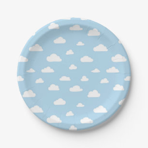 Assiettes En Carton Nuages blancs de bande dessinée sur le motif bleu