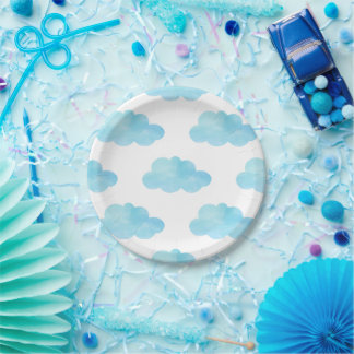 Assiettes En Carton Nuages bleu aquarelle