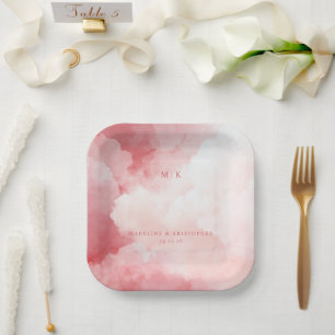 Assiettes En Carton Nuages rose romantique à l'aquarelle