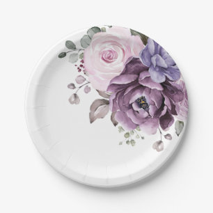 Assiettes En Carton Nuances de pourpre Dusty fleurs Moody Floral Maria