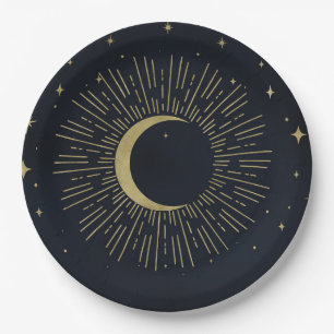 Assiettes En Carton Nuit aux étoiles dorées Soleil éclaté Lune Mariage