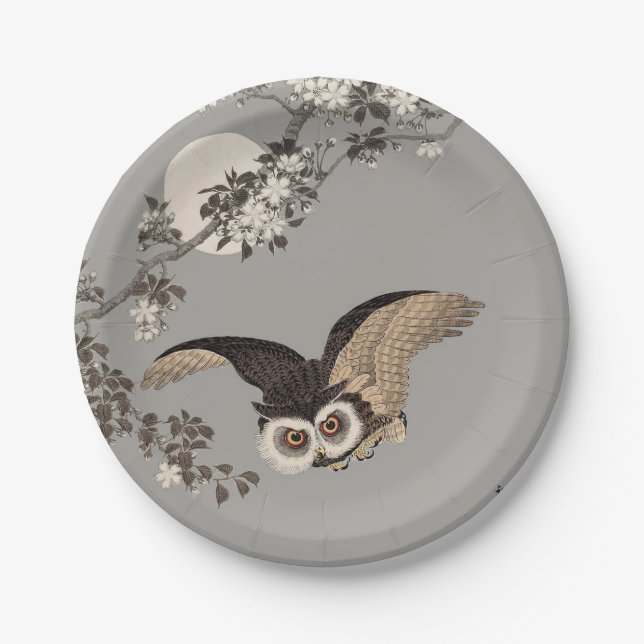 Assiettes En Carton Nuit Japonaise Chouette Lune Bois Coupe Flying Nig (Devant)