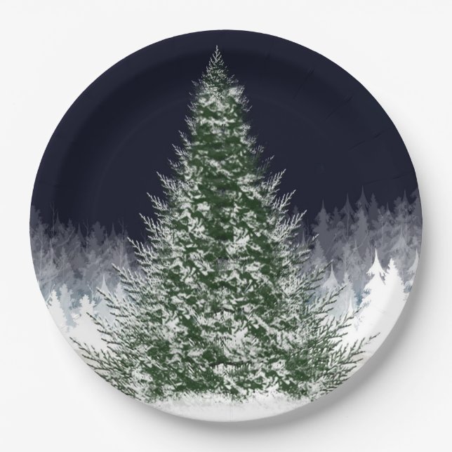 Assiettes En Carton Nuit Silencieuse Neige Couverte Noël Arbre de Noël (Devant)