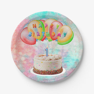 Assiettes En Carton Numéro 1 Bougie sur gâteau, Joyeux anniversaire, C