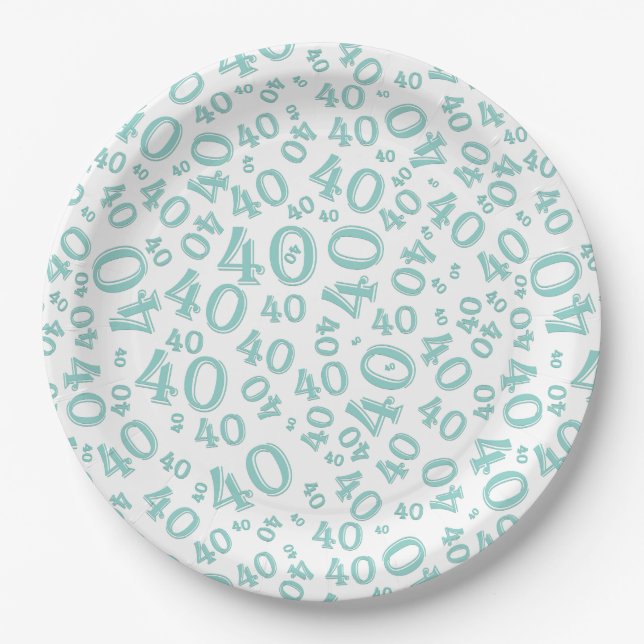 Assiettes En Carton Numéro 40e anniversaire Motif Turquoise/blanc (Devant)