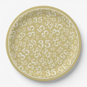 Assiettes En Carton Numéro aléatoire de 35 ans Motif blanc/or