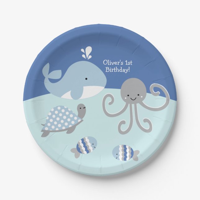 Assiettes En Carton Ocean Blue Grey Whale Sea Life Party Plaque (Devant)