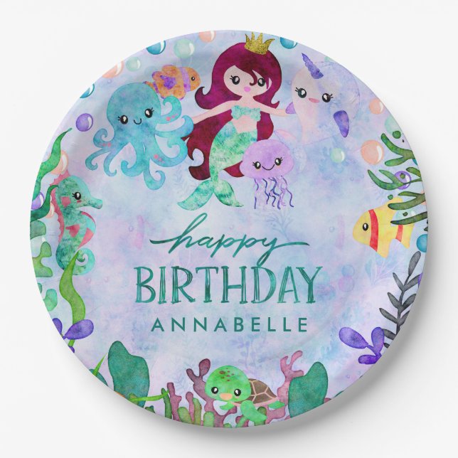 Assiettes En Carton Océan sous la mer Sirène thème Joyeux anniversaire (Devant)