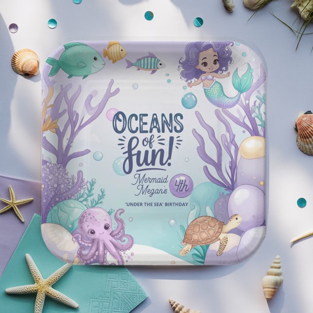 Assiettes En Carton Océans de Fun Mermaid Anniversaire V1 ID1142 (Créateur téléchargé)