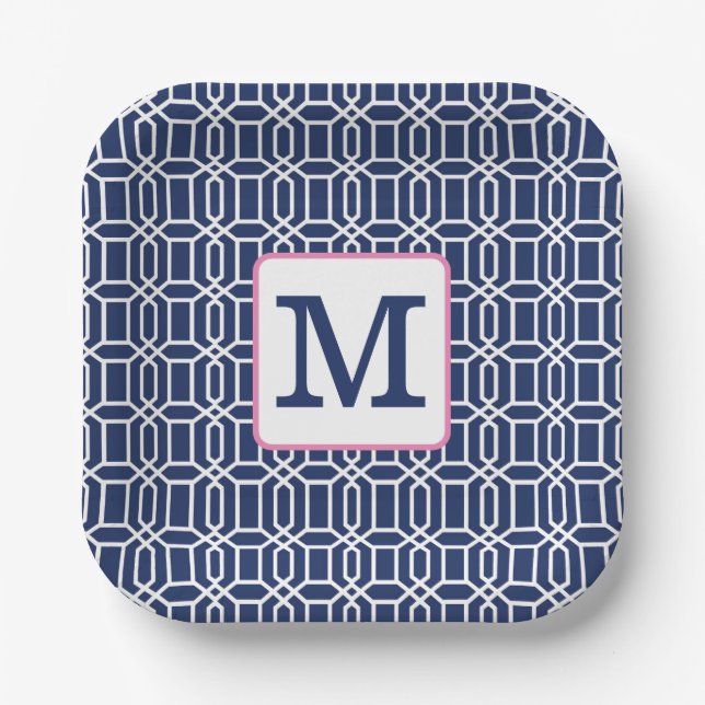 Assiettes En Carton Octogone géométrique Preppy Monogramme Marine Rose (Recto)