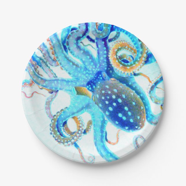 Assiettes En Carton Octopus bleu coloré (Devant)