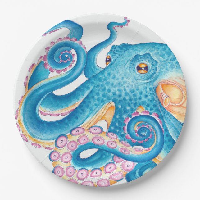 Assiettes En Carton Octopus bleu Kraken Orange Rose Aquarelle (Devant)