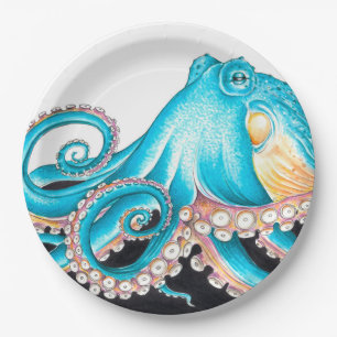 Assiettes En Carton Octopus Bleu Sur Encre Blanche